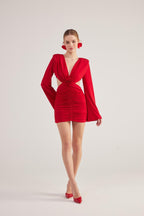 Hanna Red Backless Long Sleeve Mini Dress with Removable Rose Accessory-0
