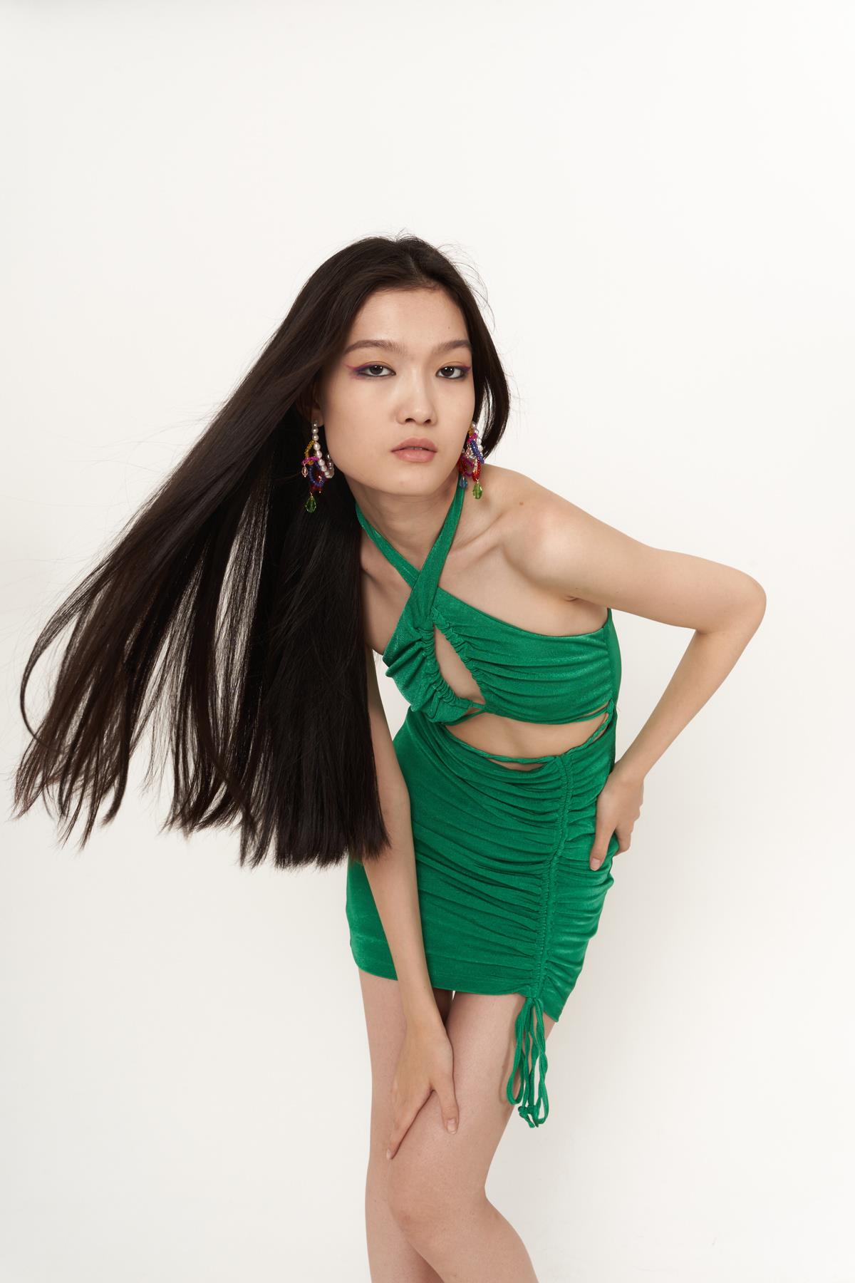 Viola Green Gathered Mini Bodycon Dress-0