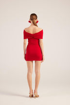 Muse Red Bardot Neck Mini Dress-2