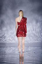 Anabelle Red Shiny One Shoulder Diagonal Low-Cut Mini Dress-1