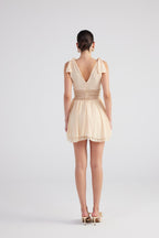 Fiona Beige Ruched Mini Dress with Pleated Skirt-1