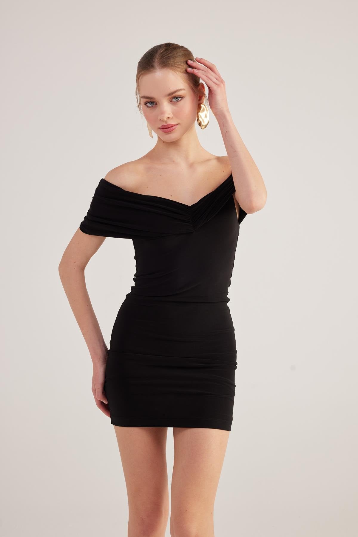 Muse Black Bardot Neck Mini Dress-0