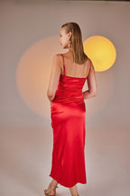 Dipsy Red Satin Strappy Slit Midi Dress-1