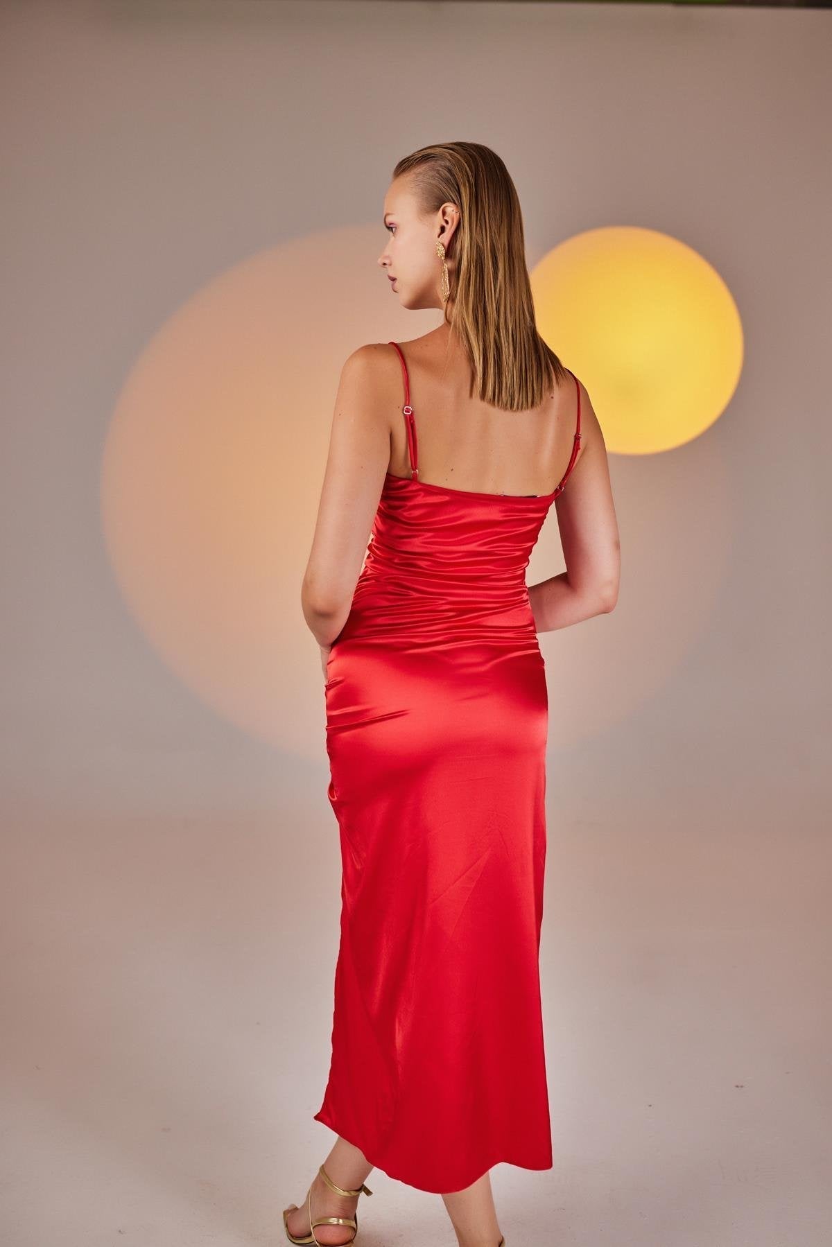 Dipsy Red Satin Strappy Slit Midi Dress-1