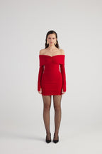 Dreamer Red Bardot Neck Mini Dress-3