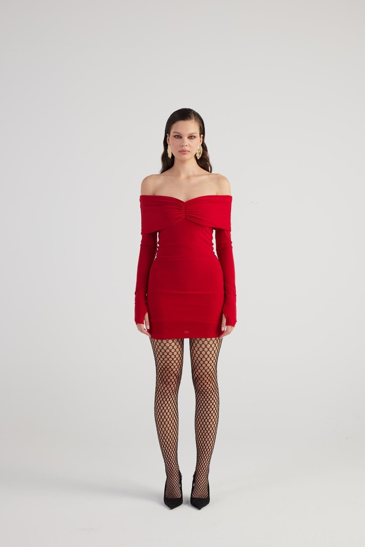 Dreamer Red Bardot Neck Mini Dress-3