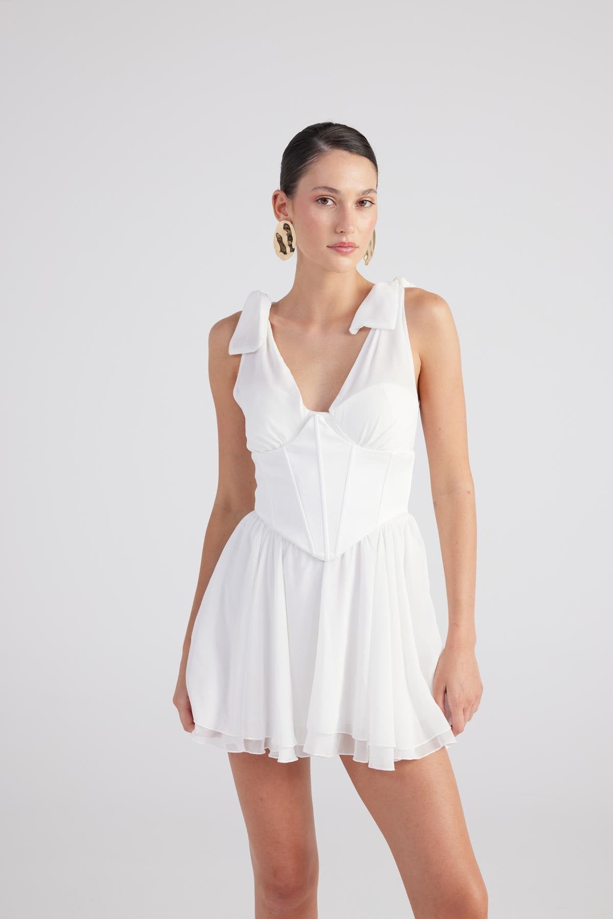 Fiona White Ruched Mini Dress with Pleated Skirt-0
