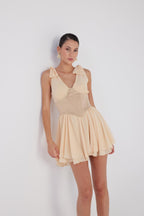 Fiona Beige Ruched Mini Dress with Pleated Skirt-3