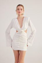 Hanna White Backless Long Sleeve Mini Dress with Removable Rose Accessory-0