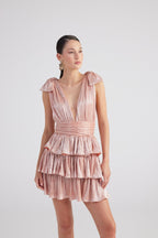 Glare Salmon Shiny Pleated Mini Ruffle Dress-0