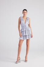 Glare Blue Shiny Pleated Mini Ruffle Dress-0
