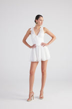 Fiona White Ruched Mini Dress with Pleated Skirt-4