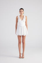 Fiona White Ruched Mini Dress with Pleated Skirt-2