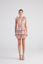 Glare Salmon Shiny Pleated Mini Ruffle Dress-2