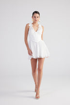 Fiona White Ruched Mini Dress with Pleated Skirt-3