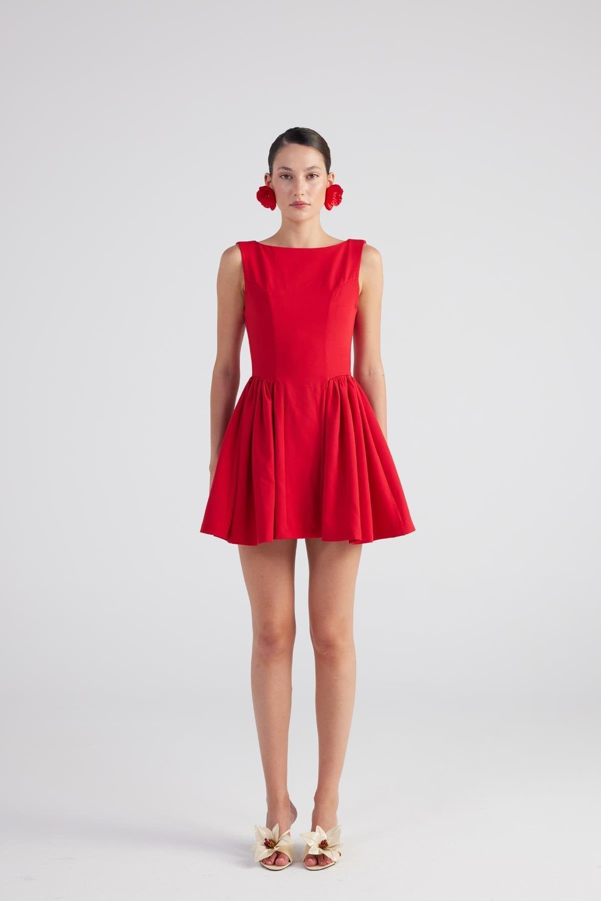 Alena Red Pleated Skirt Mini Dress-2
