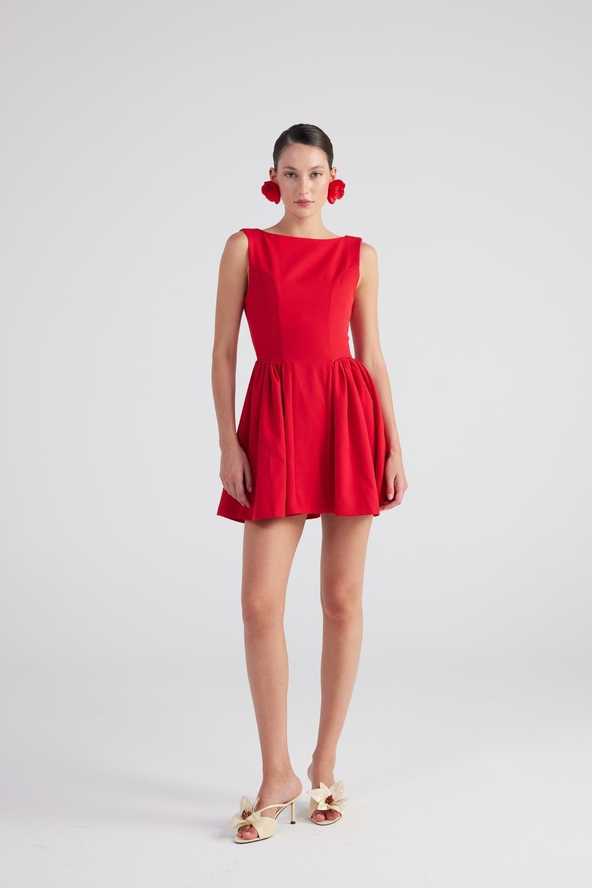 Alena Red Pleated Skirt Mini Dress-3