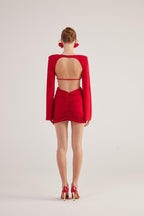 Hanna Red Backless Long Sleeve Mini Dress with Removable Rose Accessory-2
