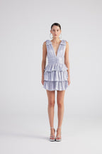 Glare Blue Shiny Pleated Mini Ruffle Dress-2