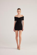 Muse Black Bardot Neck Mini Dress-2