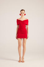 Muse Red Bardot Neck Mini Dress-1