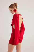 Hanna Red Backless Long Sleeve Mini Dress with Removable Rose Accessory-1