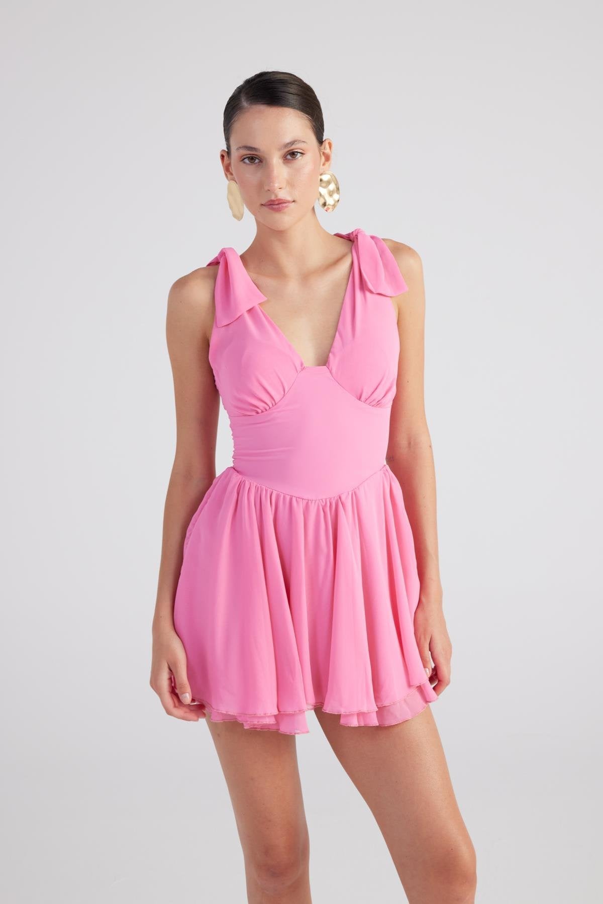 Fiona Pink Ruched Mini Dress with Pleated Skirt-0