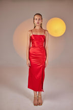Dipsy Red Satin Strappy Slit Midi Dress-3