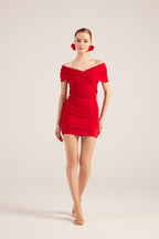 Muse Red Bardot Neck Mini Dress-3