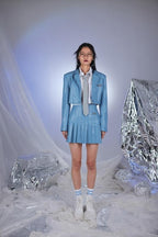 College Style Blue Vegan Faux Leather Cropped Jacket-3