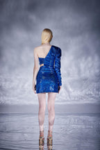 Anabelle Blue Shiny One Shoulder Diagonal Low-Cut Mini Dress-1