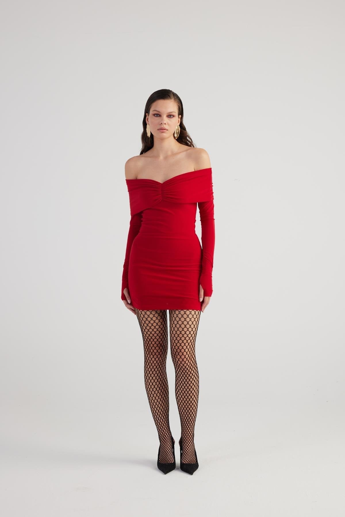Dreamer Red Bardot Neck Mini Dress-2