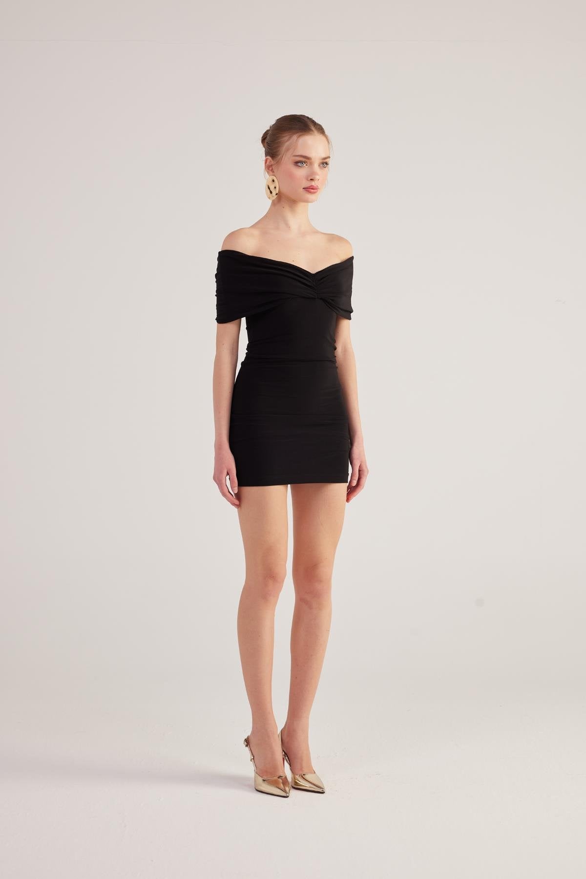 Muse Black Bardot Neck Mini Dress-3