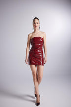 Bria Burgundy Strapless Faux Patent Leather Mini Dress-3