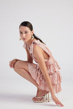 Glare Salmon Shiny Pleated Mini Ruffle Dress-4