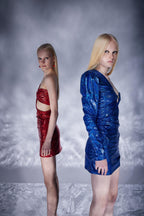 Anabelle Blue Shiny One Shoulder Diagonal Low-Cut Mini Dress-3