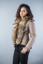 Beige Merino Shearling Jacket with Racoon Fur Collar-1