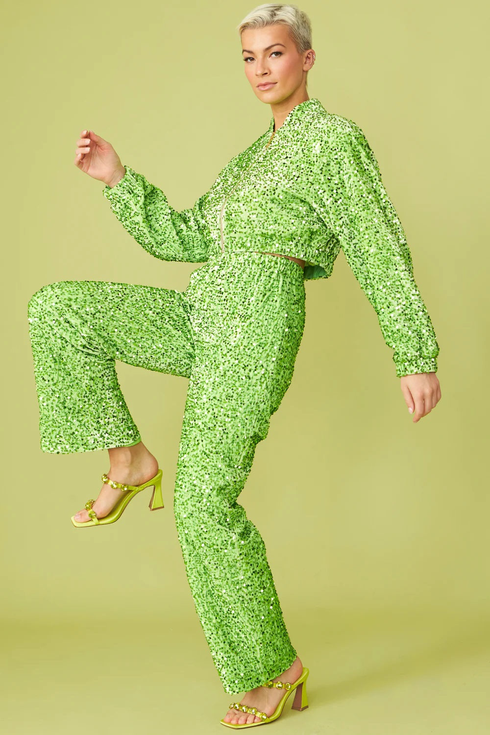 Green Bamboo Blend Sequin Trousers-0