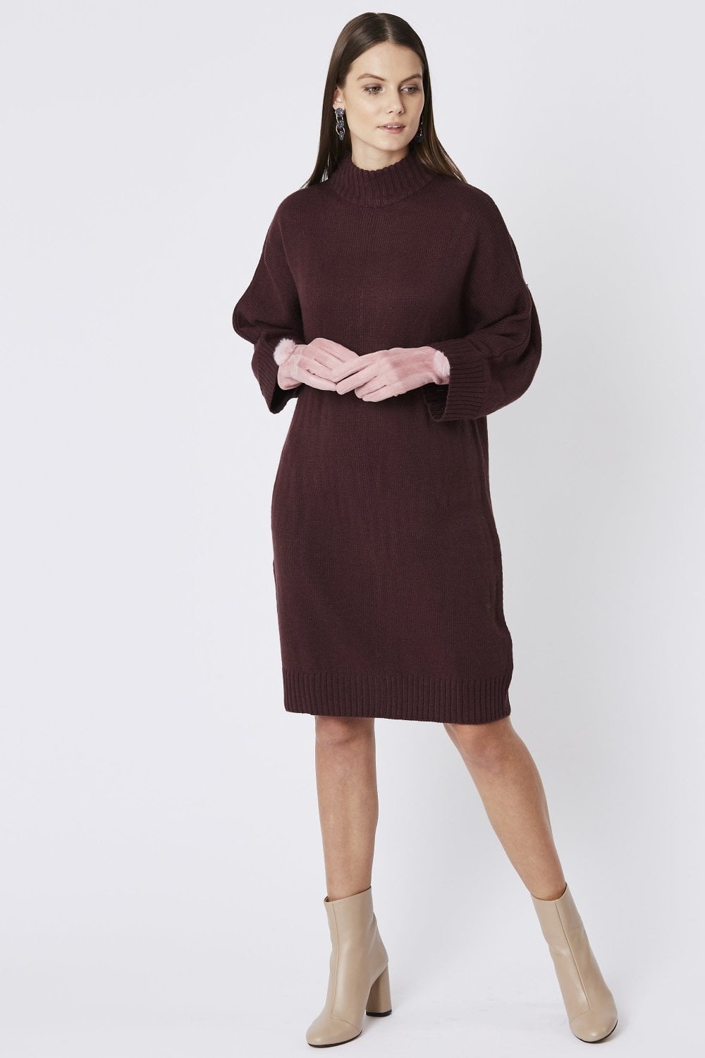 Light Pink Faux Suede Gloves With Faux Fur Pom-2