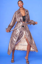 Mocha Banana Peel Eco Leather Leopard Print Trench Coat-1