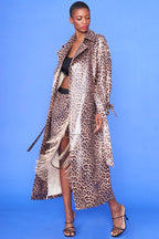 Mocha Banana Peel Eco Leather Leopard Print Trench Coat-2