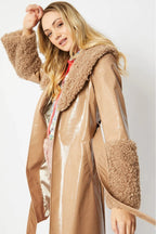 Mocha Faux Leather Trench Coat with Faux Shearling Collar and Cuffs-1