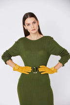 Yellow Faux Suede Gloves With Faux Fur Pom-3