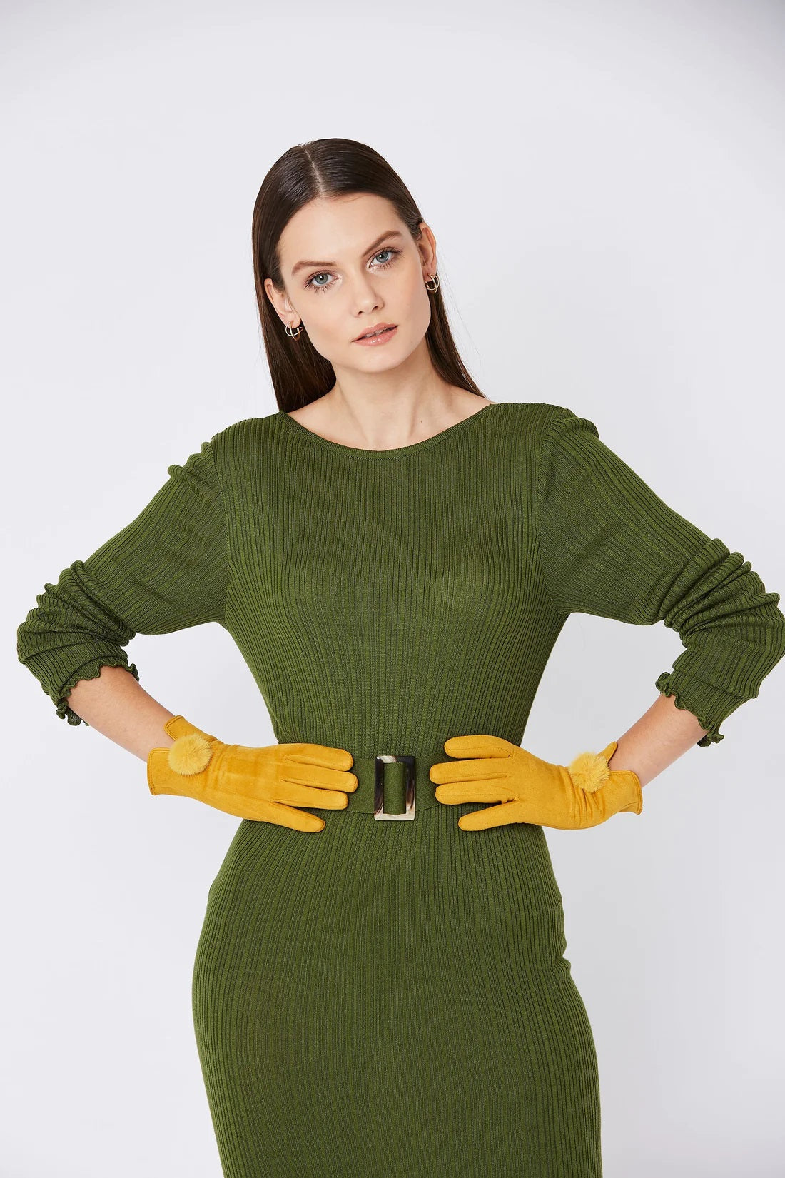 Yellow Faux Suede Gloves With Faux Fur Pom-3