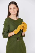 Yellow Faux Suede Gloves With Faux Fur Pom-2