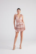 Glare Salmon Shiny Pleated Mini Ruffle Dress-3
