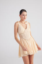 Fiona Beige Ruched Mini Dress with Pleated Skirt-2
