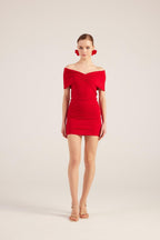 Muse Red Bardot Neck Mini Dress-4