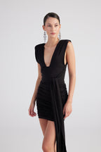 Uma Black Ruched Mini Dress-0