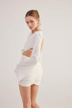 Hanna White Backless Long Sleeve Mini Dress with Removable Rose Accessory-1